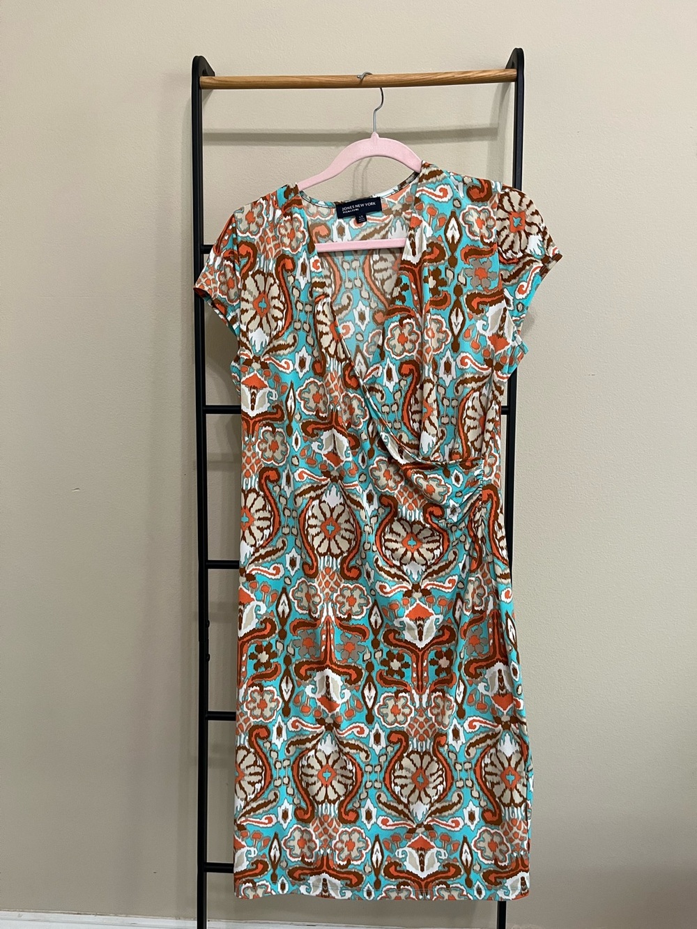 Jones New York Signature Medallion Split V-Neck Dress Business Casual Boho Large